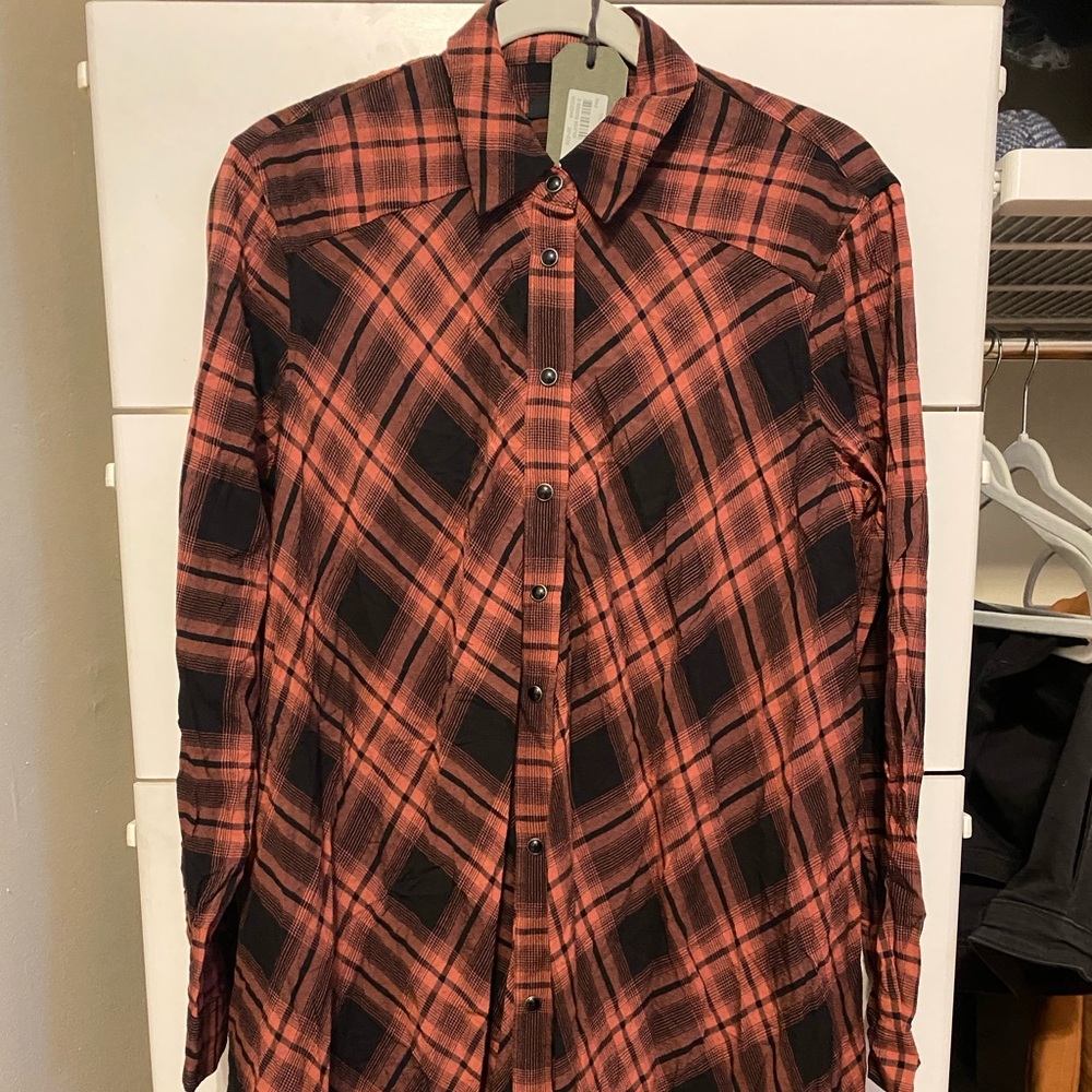 All Saints Red and Black Plaid Button Down Shirt Dress S Small NWT Punk